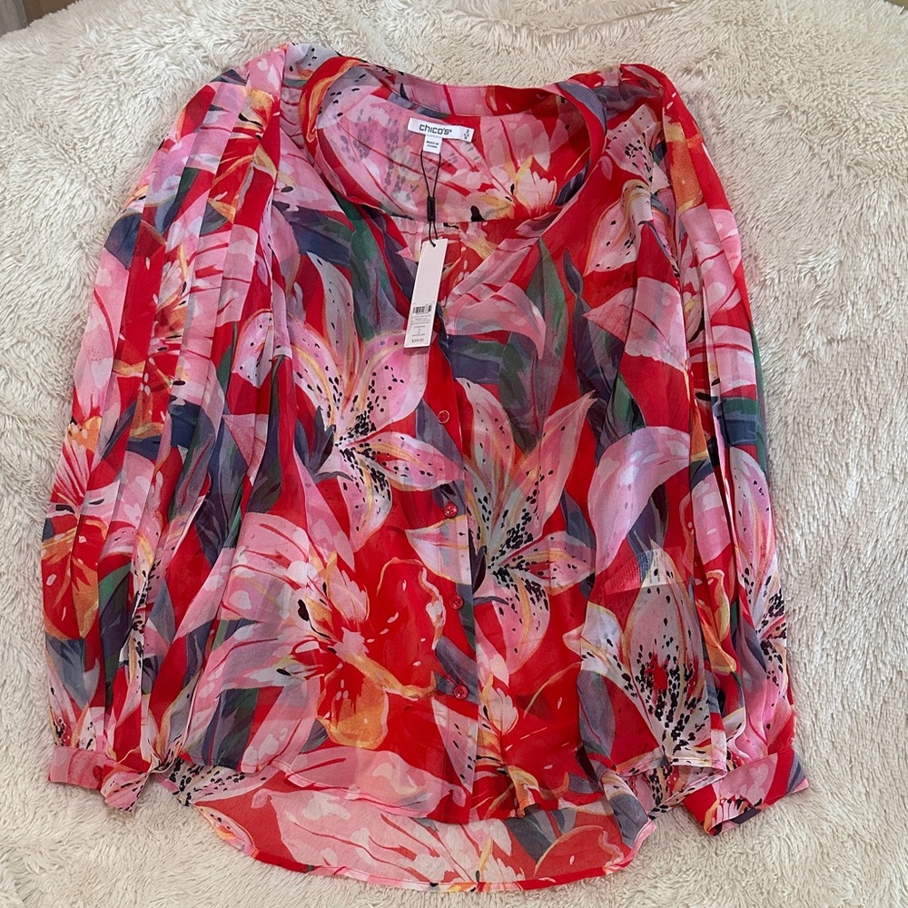 Chico's Floral Blouse in Red and Pink